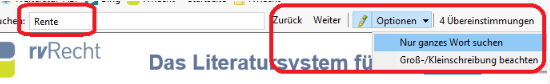 Darstellung der Optionen der dokumentinternen Suche Darstellung der Optionen der dokumentinternen Suche